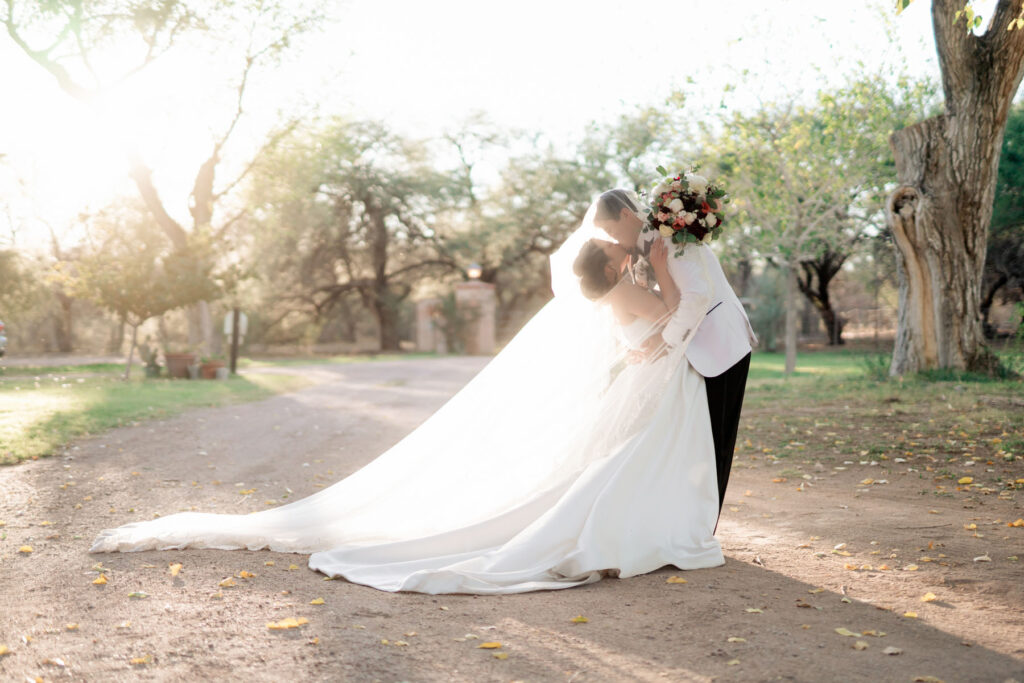 Arizona wedding video still with couple surrounded by saguaros and mountain views near Tucson.
